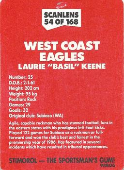 1989 Scanlens VFL #54 Laurie Keene Back